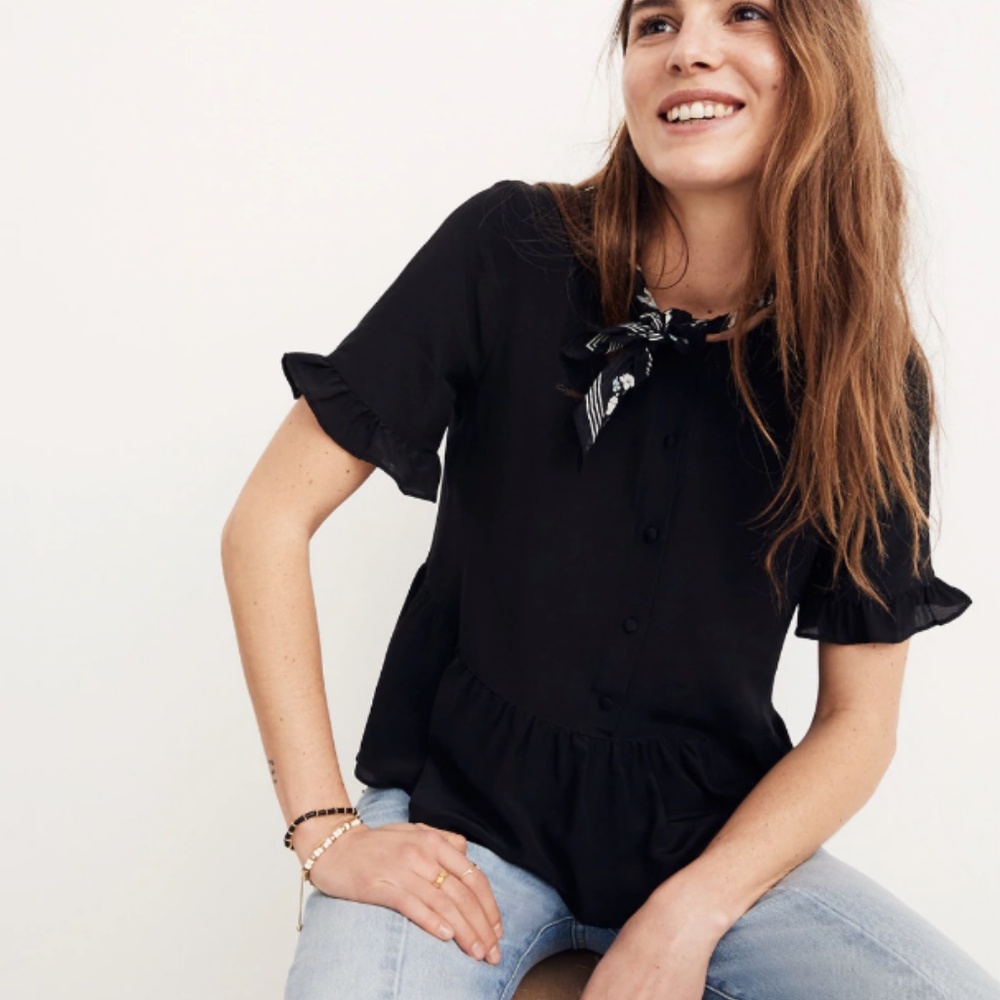 Madewell Silk Studio Ruffle-Hem Top in True Black